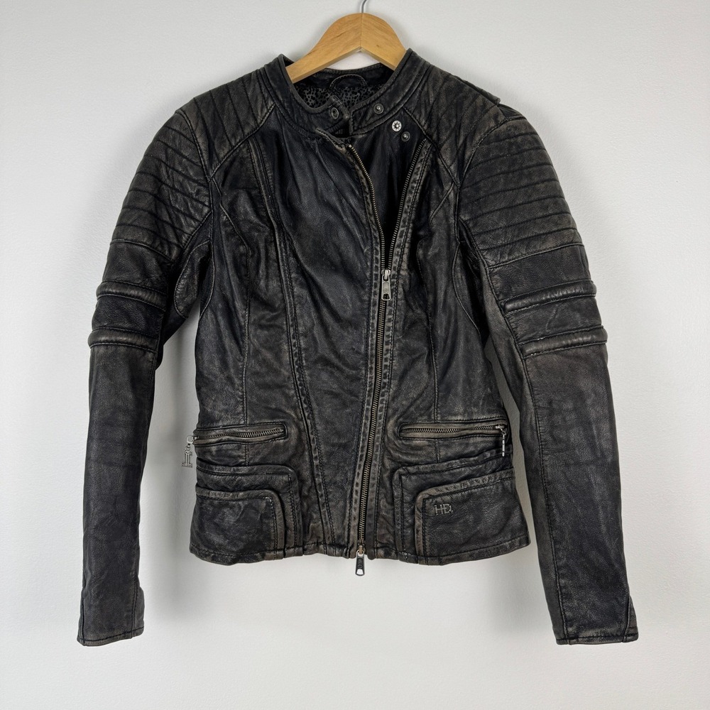 Harley Davidson Womens Black Genuine Leather Biker Jacket‎ Moto Embroidered S